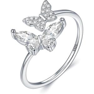 imageBriLove Womens 925 Sterling Silver Cubic Zirconia Dainty Butterfly Adjustable Statement Ring Jewelry Gifts for Valentines DayBirthdayAnniversaryClear SilverTone