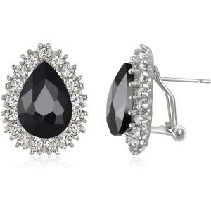 imageBriLove Womens Fashion Crystal Teardrop Oval Stud Earrings for Paryt PromBlack SilverTone