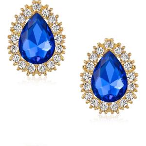 imageBriLove Womens Fashion Crystal Teardrop Oval Stud Earrings for Paryt PromBlue GoldTone