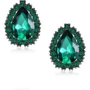 imageBriLove Womens Fashion Crystal Teardrop Oval Stud Earrings for Paryt PromEmerald Color BlackTone