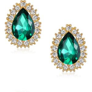 imageBriLove Womens Fashion Crystal Teardrop Oval Stud Earrings for Paryt PromEmerald Color GoldTone