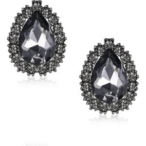 imageBriLove Womens Fashion Crystal Teardrop Oval Stud Earrings for Paryt PromGrey BlackTone