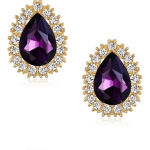 imageBriLove Womens Fashion Crystal Teardrop Oval Stud Earrings for Paryt PromPurple Color GoldTone
