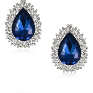 imageBriLove Womens Fashion Crystal Teardrop Oval Stud Earrings for Paryt PromSapphire Color SilverTone