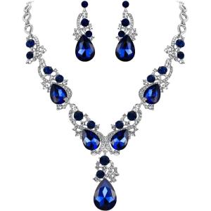 imageBriLove Womens Wedding Bridal Crystal Multi Teardrop Cluster Statement Necklace Dangle Earrings Set01Navy Blue SilverTone