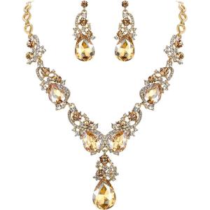 imageBriLove Womens Wedding Bridal Crystal Multi Teardrop Cluster Statement Necklace Dangle Earrings Set02Champagne GoldTone
