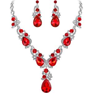imageBriLove Womens Wedding Bridal Crystal Multi Teardrop Cluster Statement Necklace Dangle Earrings Set03Ruby Color SilverTone