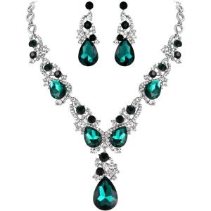 imageBriLove Womens Wedding Bridal Crystal Multi Teardrop Cluster Statement Necklace Dangle Earrings Set04Emerald Color SilverTone