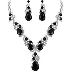 imageBriLove Womens Wedding Bridal Crystal Multi Teardrop Cluster Statement Necklace Dangle Earrings Set05Black SilverTone