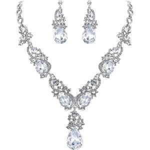 imageBriLove Womens Wedding Bridal Crystal Multi Teardrop Cluster Statement Necklace Dangle Earrings Set06Clear SilverTone