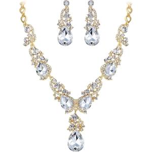 imageBriLove Womens Wedding Bridal Crystal Multi Teardrop Cluster Statement Necklace Dangle Earrings SetClear GoldTone