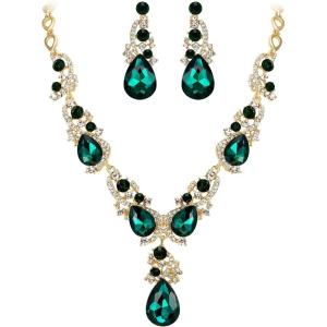 imageBriLove Womens Wedding Bridal Crystal Multi Teardrop Cluster Statement Necklace Dangle Earrings SetEmerald Color GoldTone