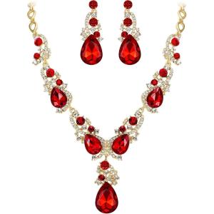 imageBriLove Womens Wedding Bridal Crystal Multi Teardrop Cluster Statement Necklace Dangle Earrings SetRuby Color GoldTone