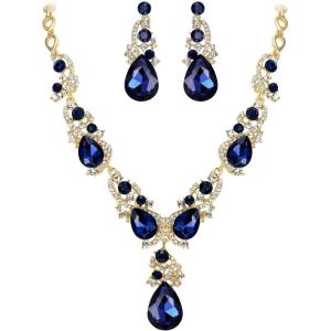 imageBriLove Womens Wedding Bridal Crystal Multi Teardrop Cluster Statement Necklace Dangle Earrings SetSapphire Color GoldTone