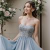imageBriLove Wedding Jewelry Set for Women Bride Gorgeous Stunning Crystal Flower Leaf Cluster Choker Necklace Link Bracelet Stud Earrings Bridal BridesmaidBlue Topaz GoldTone