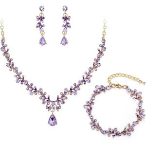 imageBriLove Bridal Jewelry Set for WomenShiny Rhinestone Teardrop Leaf Cluster Statement Necklace Dangle Drop Earrings Link Bracelet for Wedding Party Prom AccessoriesLight Purple GoldTone