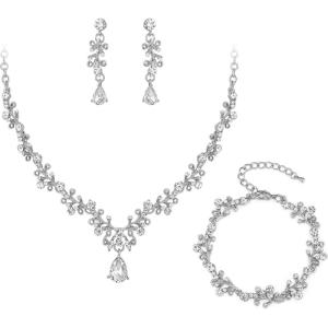imageBriLove Bridal Jewelry Set for WomenShiny Rhinestone Teardrop Leaf Cluster Statement Necklace Dangle Drop Earrings Link Bracelet for Wedding Party Prom AccessoriesClear SilverTone