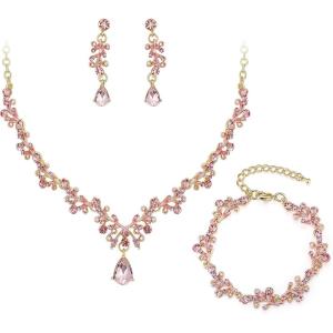 imageBriLove Bridal Jewelry Set for WomenShiny Rhinestone Teardrop Leaf Cluster Statement Necklace Dangle Drop Earrings Link Bracelet for Wedding Party Prom AccessoriesPink GoldTone