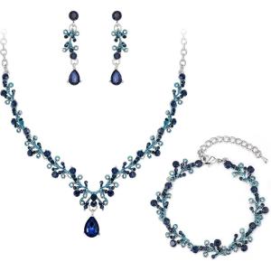 imageBriLove Bridal Jewelry Set for WomenShiny Rhinestone Teardrop Leaf Cluster Statement Necklace Dangle Drop Earrings Link Bracelet for Wedding Party Prom AccessoriesSapphire Color SilverTone