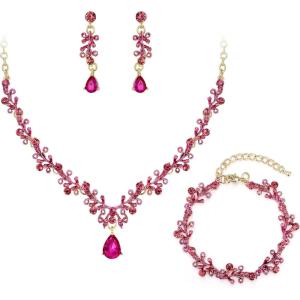 imageBriLove Bridal Jewelry Set for WomenShiny Rhinestone Teardrop Leaf Cluster Statement Necklace Dangle Drop Earrings Link Bracelet for Wedding Party Prom AccessoriesHot Pink GoldTone