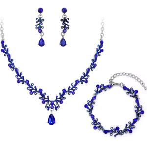 imageBriLove Bridal Jewelry Set for WomenShiny Rhinestone Teardrop Leaf Cluster Statement Necklace Dangle Drop Earrings Link Bracelet for Wedding Party Prom AccessoriesNavy Blue SilverTone