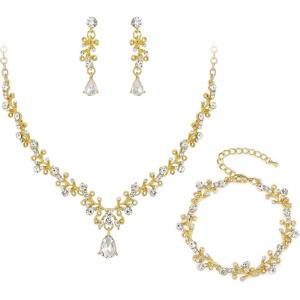 imageBriLove Bridal Jewelry Set for WomenShiny Rhinestone Teardrop Leaf Cluster Statement Necklace Dangle Drop Earrings Link Bracelet for Wedding Party Prom AccessoriesClear GoldTone