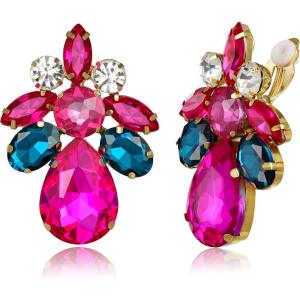 imageBriLove ClipOn Earrings Elegant Stunning Teardrop Crystal Rhinestone Cluster Statement Jewelry for Women Party PromHot Pink GoldTone