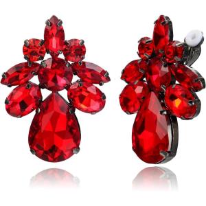 imageBriLove ClipOn Earrings Elegant Stunning Teardrop Crystal Rhinestone Cluster Statement Jewelry for Women Party PromRuby Color BlackTone