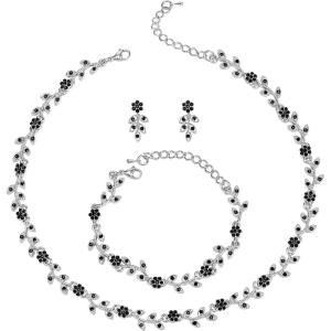 imageBriLove Wedding Jewelry Set for Women Bride Gorgeous Stunning Crystal Flower Leaf Cluster Choker Necklace Link Bracelet Stud Earrings Bridal BridesmaidBlack SilverTone