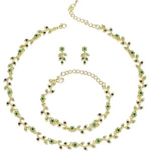 imageBriLove Wedding Jewelry Set for Women Bride Gorgeous Stunning Crystal Flower Leaf Cluster Choker Necklace Link Bracelet Stud Earrings Bridal BridesmaidGreen GoldTone