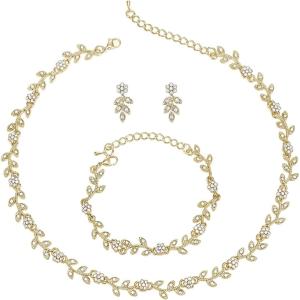 imageBriLove Wedding Jewelry Set for Women Bride Gorgeous Stunning Crystal Flower Leaf Cluster Choker Necklace Link Bracelet Stud Earrings Bridal BridesmaidClear GoldTone