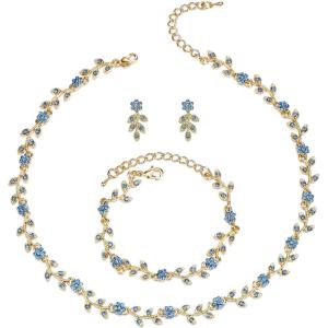 imageBriLove Wedding Jewelry Set for Women Bride Gorgeous Stunning Crystal Flower Leaf Cluster Choker Necklace Link Bracelet Stud Earrings Bridal BridesmaidBlue Topaz GoldTone