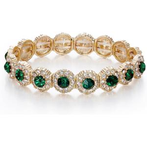 imageBriLove Womens Wedding Bridal Crystal Rhinestone Beaded Stretch Bangle Bracelet03Emerald Color Goldtone