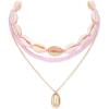 imageBriLove Bohemian Boho Handmade Simulated Pearls Natural Sea Shell Starfish Layered Collar Necklace for Women Summer Beach AccessoriesLayered Collar Pink