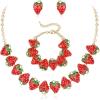 imageBriLove Cute Funny Strawberry Jewelry for WomenEnamel Necklace Earrings Bracelet Set Charm Fruit Jewellery for Summer Beach Holiday AccessoriesRuby Color GoldTone