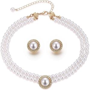 imageBriLove 1920s Gatsby Faux Pearls Jewelry for Costume PartyGorgeous Rhinestone Layered Chunky Vintage Inspired Simulated Pearl Necklace Stud Earrings Set for Party Prom Accessories2 Layered