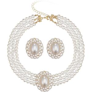 imageBriLove 1920s Gatsby Faux Pearls Jewelry for Costume PartyGorgeous Rhinestone Layered Chunky Vintage Inspired Simulated Pearl Necklace Stud Earrings Set for Party Prom Accessories3 Layered