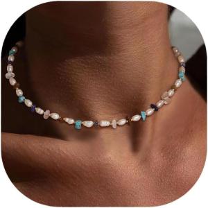 imageBriLove Baroque Freshwater Cultured Pearl Necklace for Women Gorgeous Elegant Real Pearls Choker Strand Necklaces for Wedding Outfit Party Prom GiftTurquoise