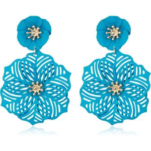 imageBriLove Bohemian Boho Flower Dangle Earrings for Women Exaggerated Hollow Flora Statement Earrings for Summer Refreshing Seaside Idyllic HolidayBlue GoldTone