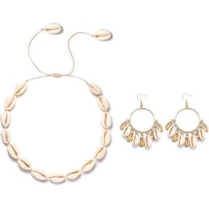 imageBriLove Bohemian Boho Handmade Natural Sea Shell Rhinestone Collar Necklace Earrings Jewelry Set for Women Summer Beach AccessoriesShell Collar