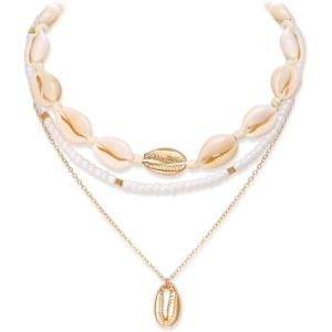 imageBriLove Bohemian Boho Handmade Simulated Pearls Natural Sea Shell Starfish Layered Collar Necklace for Women Summer Beach AccessoriesLayered Collar Clear