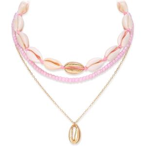 imageBriLove Bohemian Boho Handmade Simulated Pearls Natural Sea Shell Starfish Layered Collar Necklace for Women Summer Beach AccessoriesLayered Collar Pink