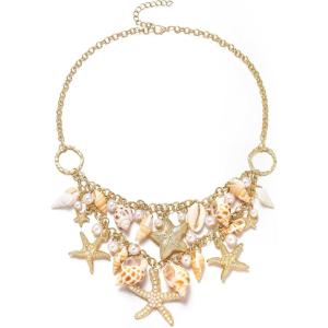 imageBriLove Bohemian Boho Handmade Simulated Pearls Natural Sea Shell Starfish Layered Collar Necklace for Women Summer Beach AccessoriesStarfish Collar