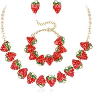 imageBriLove Cute Funny Strawberry Jewelry for WomenEnamel Necklace Earrings Bracelet Set Charm Fruit Jewellery for Summer Beach Holiday AccessoriesRuby Color GoldTone