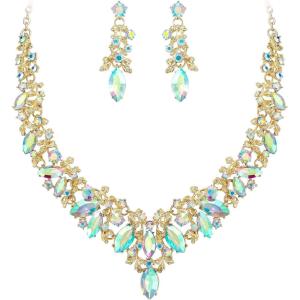 imageBriLove Gorgeous Wedding Jewelry Set for Women Stunning Shiny Rhinestone Crystal Marquise Leaf Cluster Statement Necklace Dangle Drop Earrings for Wedding Party Prom AccessoriesIridescent AB SilverTone