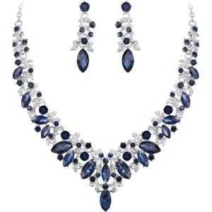 imageBriLove Gorgeous Wedding Jewelry Set for Women Stunning Shiny Rhinestone Crystal Marquise Leaf Cluster Statement Necklace Dangle Drop Earrings for Wedding Party Prom AccessoriesSapphire Color SilverTone