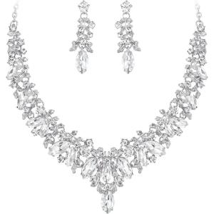 imageBriLove Gorgeous Wedding Jewelry Set for Women Stunning Shiny Rhinestone Crystal Marquise Leaf Cluster Statement Necklace Dangle Drop Earrings for Wedding Party Prom AccessoriesClear SilverTone