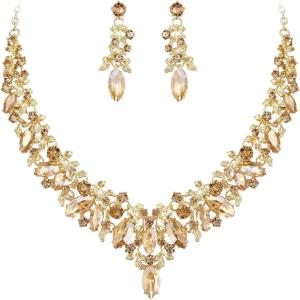 imageBriLove Gorgeous Wedding Jewelry Set for Women Stunning Shiny Rhinestone Crystal Marquise Leaf Cluster Statement Necklace Dangle Drop Earrings for Wedding Party Prom AccessoriesChampagne GoldTone