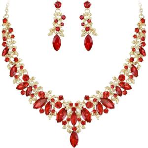 imageBriLove Gorgeous Wedding Jewelry Set for Women Stunning Shiny Rhinestone Crystal Marquise Leaf Cluster Statement Necklace Dangle Drop Earrings for Wedding Party Prom AccessoriesRuby Color GoldTone