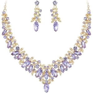 imageBriLove Gorgeous Wedding Jewelry Set for Women Stunning Shiny Rhinestone Crystal Marquise Leaf Cluster Statement Necklace Dangle Drop Earrings for Wedding Party Prom AccessoriesLight Purple GoldTone